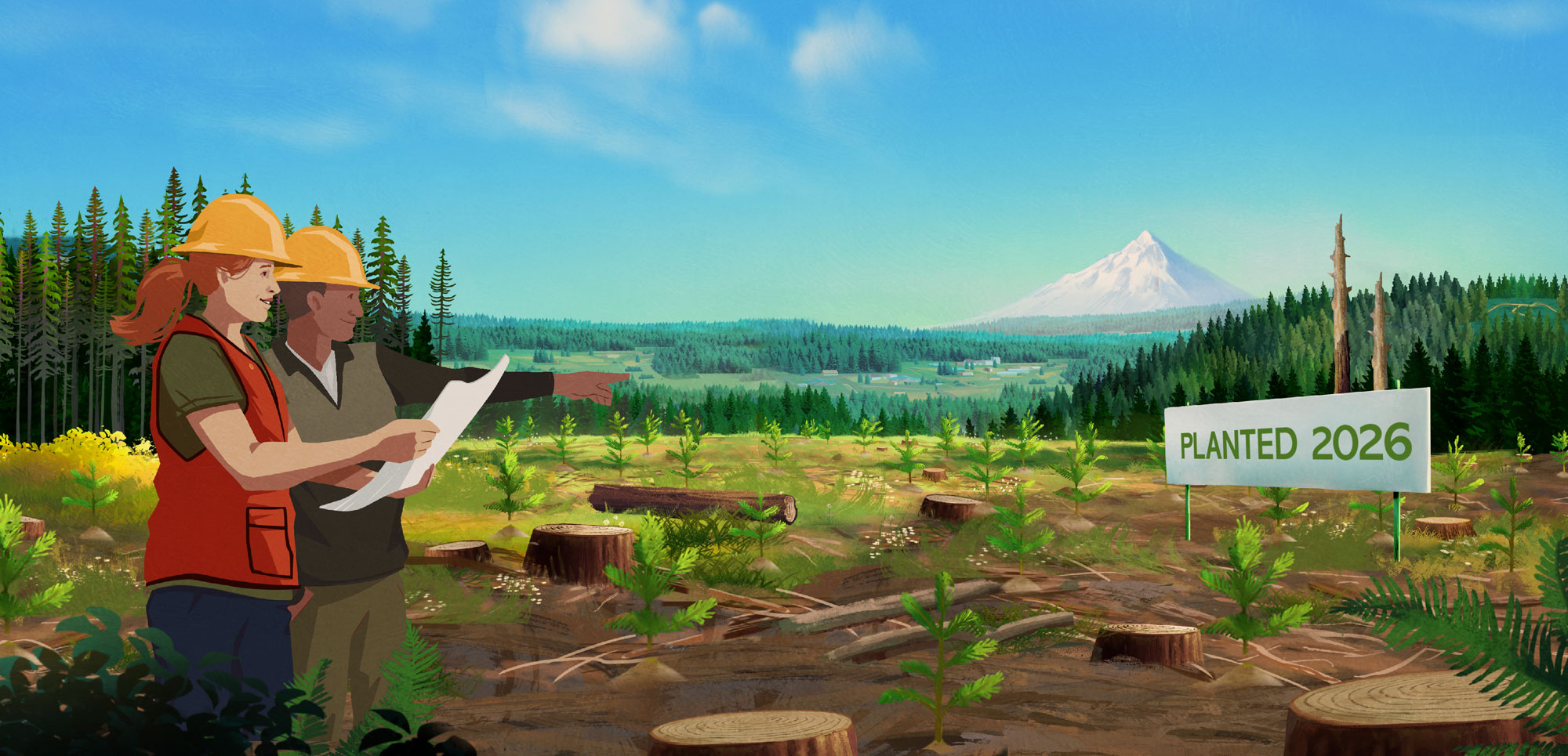 Landowners discussing Oregon forest regulation illustration