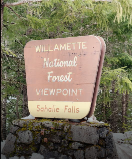 Sign that says "Willamette National Forest viewpoint Sahalie Falls
