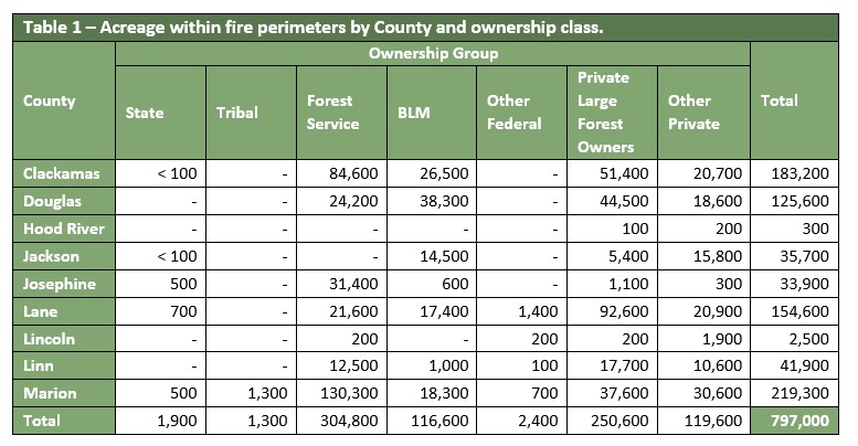 Acreage within fire perimeters chart by county and ownership class 